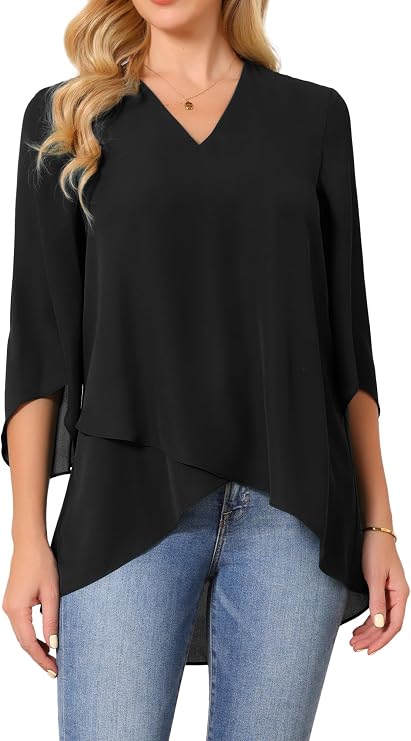 Seta T Women's High Low Tops 3/4 Bell Sleeve Dressy Casual Chiffon Blouse