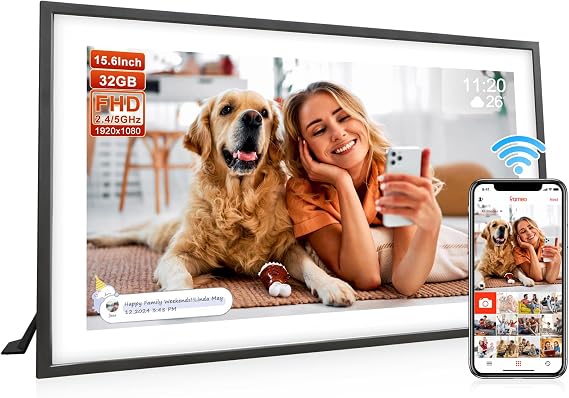 Frameo 15.6 Inch Large Digital Photo Frame, Digital Picture Frame with 32GB, 1920 * 1080 IPS HD Touch Screen, Tabletop&Wall-Mounted,Birthday,Wedding,Gifts for men/women/couples/Father/Mom/grandparents