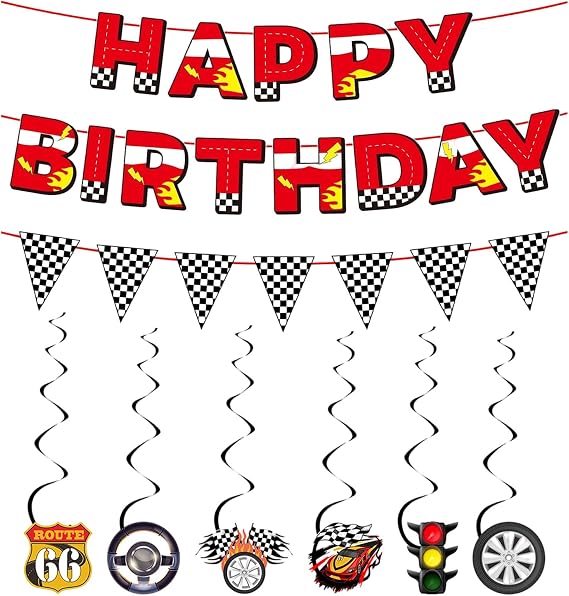 Cars Birthday Decorations, Pre Strung Car Themed Birthday Bannner with Checkered Flag Bunting Racing Spiral for Themed Party