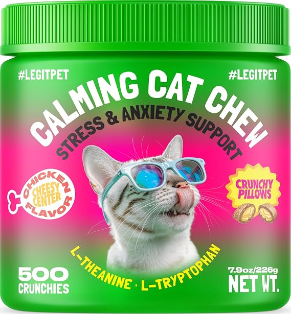 LEGITPET Calming Cat Treats for Anxiety & Stress Daily Crunchy Chews for Cats with L-Theanine & L-Tryptophan Supports Calm Behavior & Balanced Mood Chicken Flavor, 500 Chews