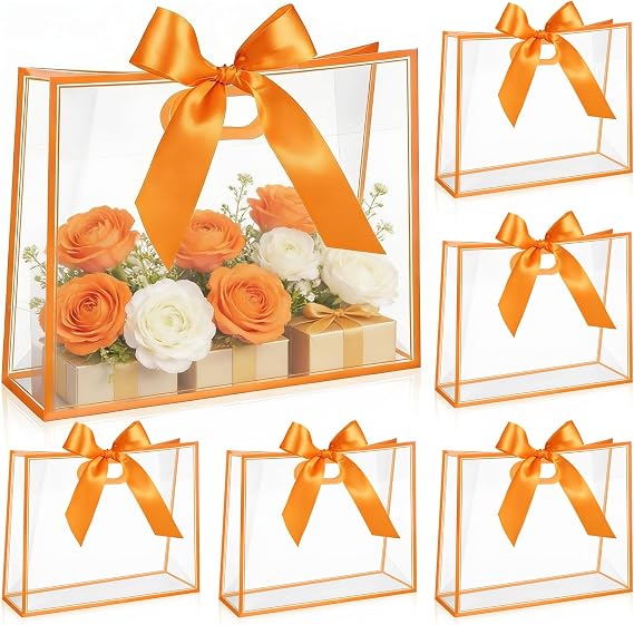 Aliceset 12 Pcs Large Orange Clear Plastic Gift Bags with Die Cut Handles