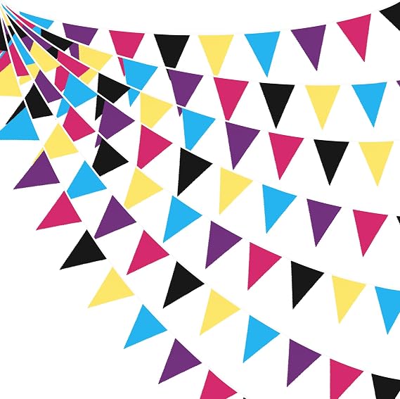 pinkblume 32Ft 80s Party Decorations Triangle Flag Pennant Bunting Banner Fabric Garland Streamers for 80s Retro Hip Hop 1980s Throwback Birthday Rock Hippie Party Decor Supplies