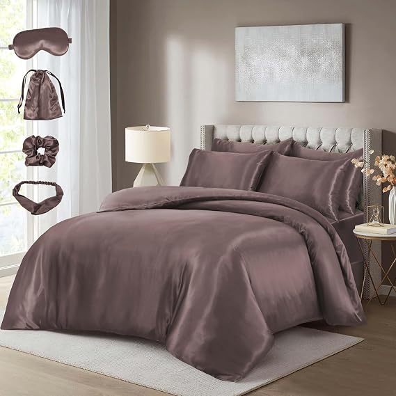 Luxury 10 PCS Satin Complete Bedding Set with Duvet Cover, Fitted Sheet, Pillowcases & Matching with Eye Mask, Hair Band, Hair Cap & Pouch | Single Double King Super King (BLUSH-PINK, DOUBLE)