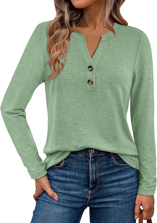 WYNNQUE Womens Long Sleeve Shirts Business Casual Outfits Dressy Tops Blouses Henley V Neck Fall Clothes