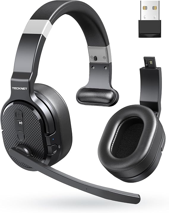 TECKNET Bluetooth Headset with Microphone Single and Dual Noise Cancelling Headset Wireless with USB Dongle 3 EQ Music Modes Over Ear Headphones Wireless Bluetooth for Office Home Zoom