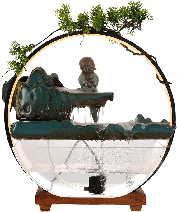 Tabletop Water Fountain with LED Light and Wood Base, Indoor Fountain with Mist Maker & Clear Fish Tank for Small Fish, Desktop Fountain for Living Room, Office Decoration
