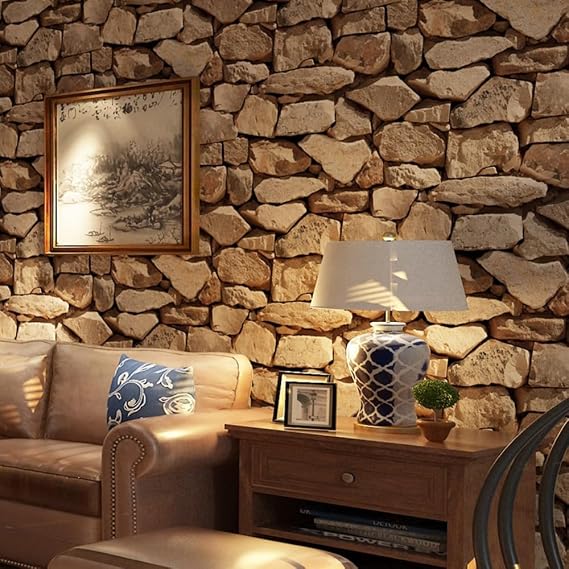 Trafagala Rustic Brick Effect Wallpaper Retro 3D Brown Stone Wallpaper for Living Room Feature Brick Slips for Fireplace Anti-Fouling Bookcase Vintage Slate for House Decoration