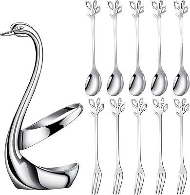 AnSaw Silver Swan Base Holder Set with 10 Pcs 4.7 Mini Leaf Teaspoons & Dessert Forks - Perfect for Appetizers,Salads,Cakes,Fruits,Cocktails,Tea,Espresso - Beautify Your Charcuterie Board Layout