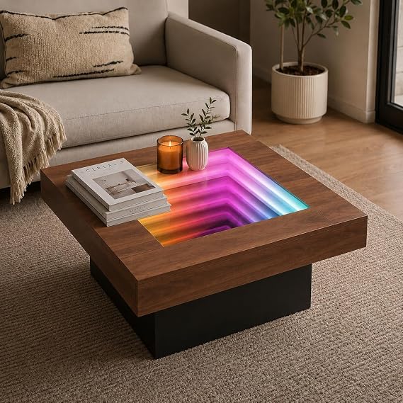 Infinity Mirror Light Coffee Table for Living Room, Rustic Wood LED Coffee Table, Modern Square Center Table with Music Sync Lights (Rustic Brown+Black, 31.5"x31.5")