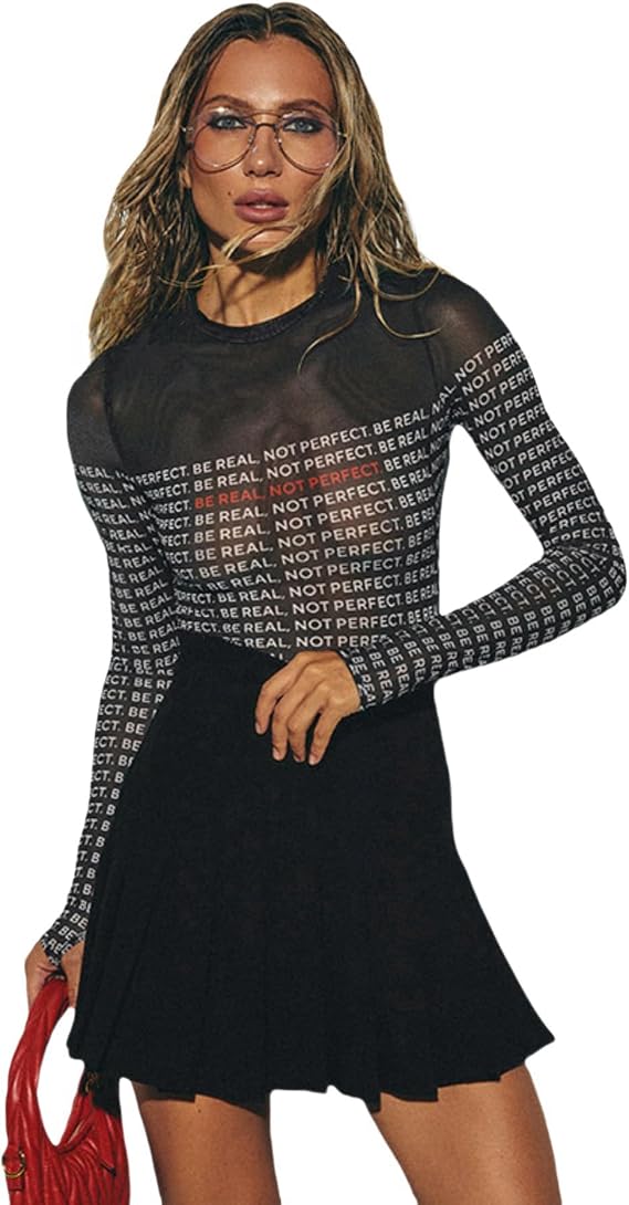 Womens Sexy See Through Long Sleeve Bodysuit Letter Print Mesh Sheer Bodysuit Tops Shirts Jumpsuit