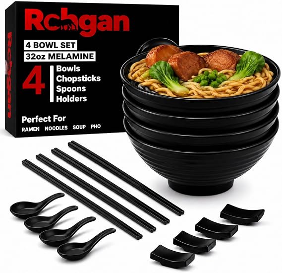 32oz Ramen Bowl Set of 4-20-Piece Black Melamine Japanese Noodle Bowls with Chopsticks, Spoons & Holders - Unbreakable, BPA-Free, Dishwasher-Safe - Perfect for Ramen, Udon, Pho & Asian Soups