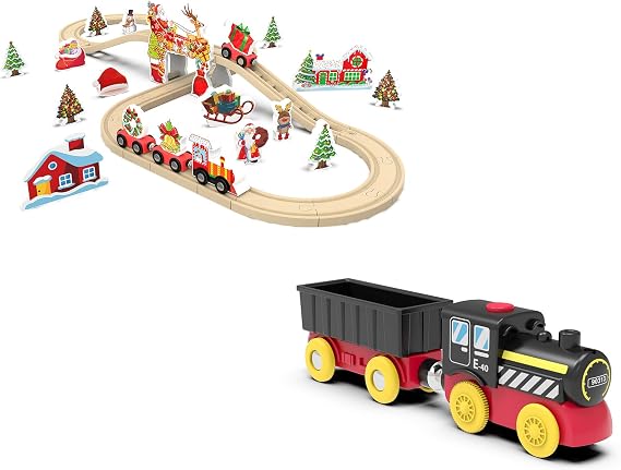 Christmas Train Toy with Wooden Tracks for Railway System, Wood Railway System Compatible with Thomas, Brio, Chuggington