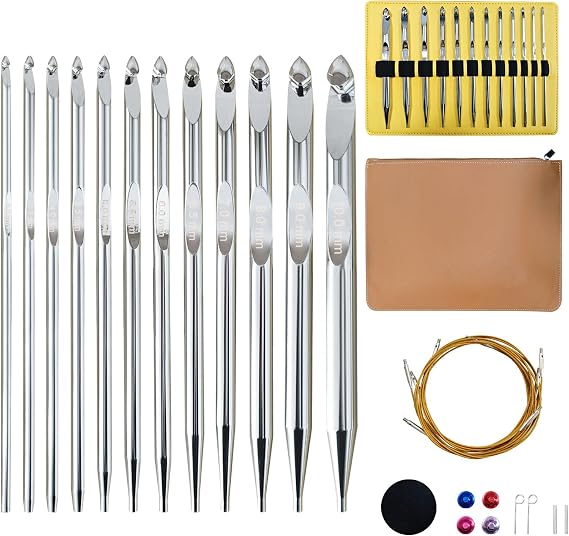 Tunisian Crochet Hooks Set Interchangeable with Case - 26pcs Metal Afghan Knitting Needles Kit 3mm-10mm with Long Cable & Ergonomic Grips