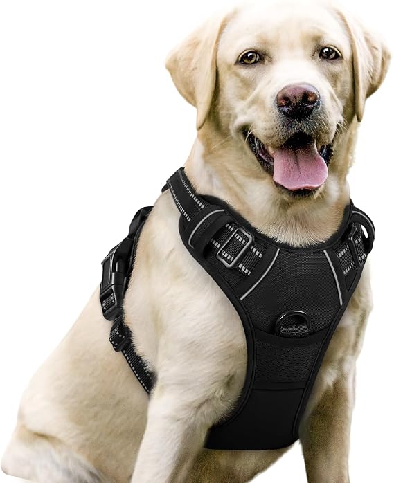 Rabbitgoo No-Pull Dog Harness Breathable Chest Harness for Dogs Puppy Harness Reflective Stripes Safe Guide Adjustable Soft Black L (Special) No pull and individually adjustable breathable padded 2 D-rings quick fasteners reflective for walking and training