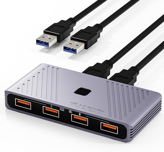 Usb 3.0スイッチ、4つのusbデバイスを共有する2台のコンピューター、キーボード、マウスプリンタースキャナー用のワンボタンスイッチャー、usb周辺機器共有ハブ、2本のusb 3.0ケーブル付きpcノートパソコン用、アルミニウム合金ケース。