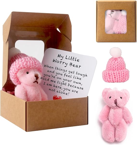 Worry Bear Hug in a Box, A Little Pocket Bear Hug Mini Plush Bears in Box Get Well Soon Gifts for kids Pocket Bears with Inspirational Card Positive Gift for Women Men Valentine's Day Christmas