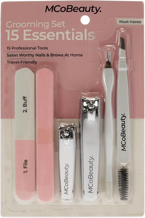 MCoBeauty Grooming Essentials Set - Salon Quality Grooming at Home or on the Go - Quick and Easy Nail and Eyebrow Care - Stainless Steel - Durable and Easy to Clean - 15 Pieces Nail Tool Kit
