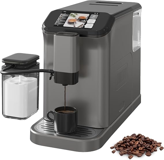 Fully Automatic Espresso Machine with Grinder & 20 Bar Pressure, 1.5L Removable Water Tank, Milk Frother for Latte/Cappuccino - Adjustable Shot Volume, Professional Home/Office Use