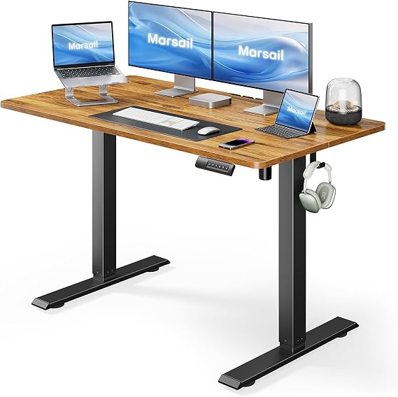 Marsail Standing Desk, Adjustable Height, Stand up Home Office Desk, 48x24 Inch Electric Standing Computer Desk, with 4 Memory Presets, Headphone Hook, Cable Organizer, Rustic Brown