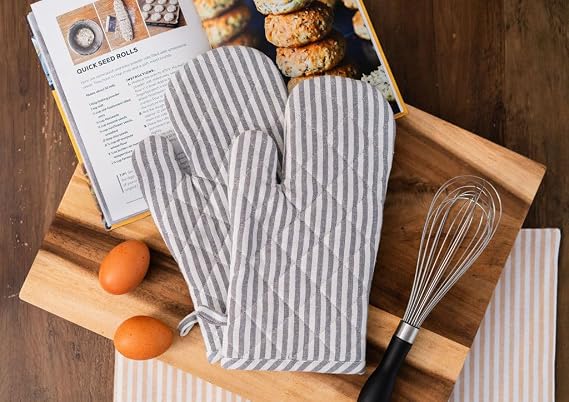 Elegant 100% Cotton Bistro Stripe Collection: Tablecloth, Chairpad, Kitchen Towel, Oven Mitt, Potholder, Runner, Apron, and Placemats for Dining and Kitchen. (Grey, Oven Mitt Set of 2)