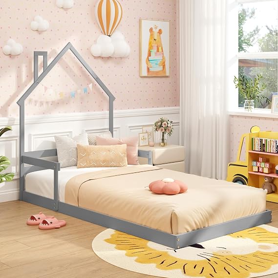Twin Floor House Bed with Fence | Montessori House Bed, No Box Spring Needed, Wood Twin Size Platform Bed Frame for Boys, Girls (Gray)