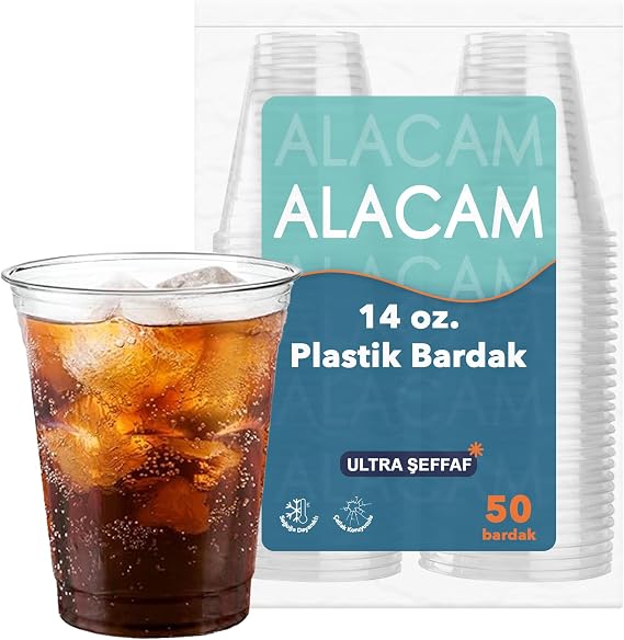 [50 Adet] Alacam Şeffat Tek Kullanımlık Plastik Bardak, Soğuk İçecek, Limonata, Meyve Suyu, Parti Bardağı (14 Oz - 400 ML)