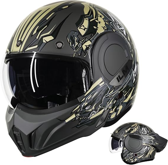 ILM Motorbike Motorcycle Helmet Full Face Modular Flip Up Vintage for Adults Men Women ATV UTV with 180° Reversible Chin Guard ECE Model-B707, Army Green , S