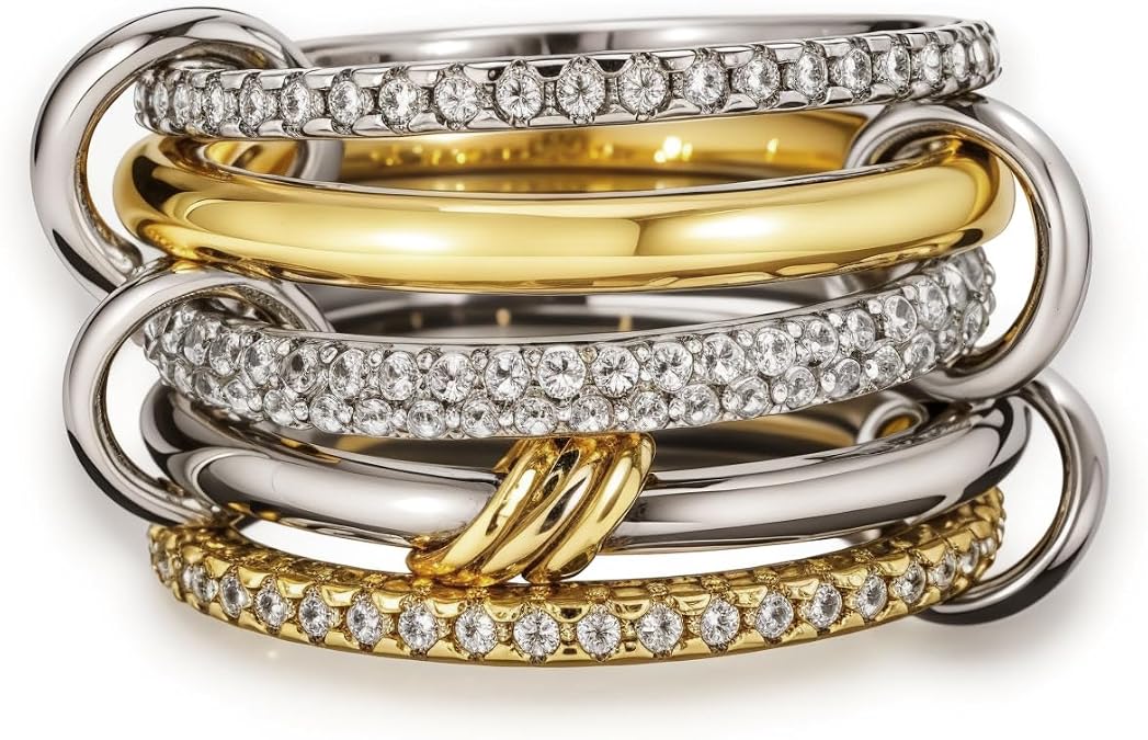 Statement Rings for Women, 18k Gold Plated Stackable Cubic Zirconia Rings, Silver Gold Multi Ring Mixed Metals Stackable Ring Set for Women Non Tarnish