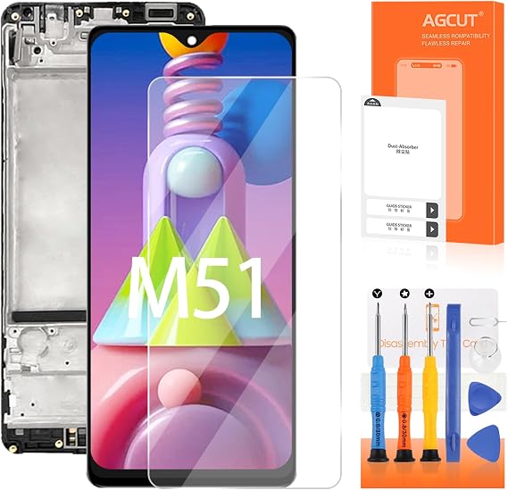 AMOLED for Samsung Galaxy M51 Screen Replacement for Samsung M51 Display for Galaxy M51 LCD SM-M515F, SM-M515F/DSN LCD Digitizer Touch Screen Assembly Repair Parts Black with Frame