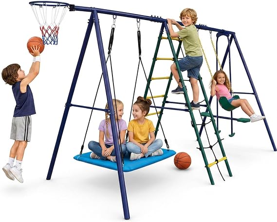 DECORLIFE 6-in-1 Swing Sets for Backyard, Outdoor Swing Set with Metal Frame, Climbing Net Ladder, Glider, Hammock, Belt Seat and Basketball Hoop, Active Play Playground for Kids - (Multicolor)