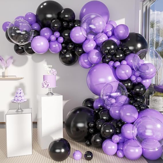 Purple and Black Balloons Garland Arch Kit, 151Pcs Latex Balloons Different Sizes 18 12 10 5 inch for Birthday, Graduation, Baby Shower, Wedding, Retirement, Halloween Party Decoration