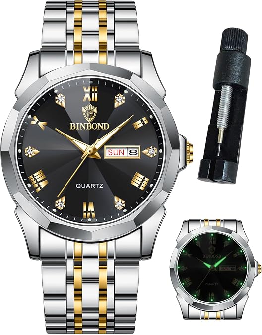 BINBOND Watches for Men Luxury Diamond Business Dress Analog Quartz Stainless Steel Waterproof Luminous Date Two Tone Casual Wrist Watch