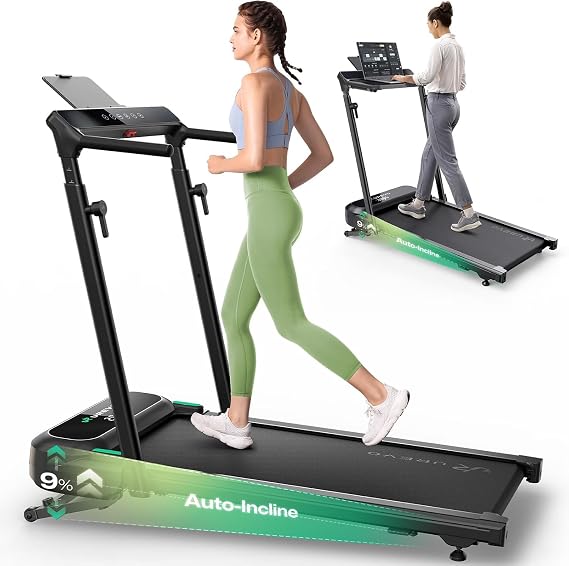 UREVO Auto Incline Walking Pad with AI App, Adjustable Handlebar & Multifunctional Desk, 9% Power Incline Brushless Quiet Motorized Treadmill for Apartments, 12-Point Shock & Immersive Hiking