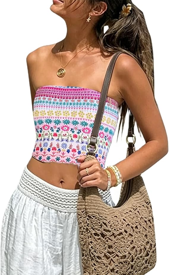 Women Y2K Floral Tube Tops Backless Strapless Bandeau Graphic Print Tank Sexy Aesthetic Teen Girl Going Out Shirt