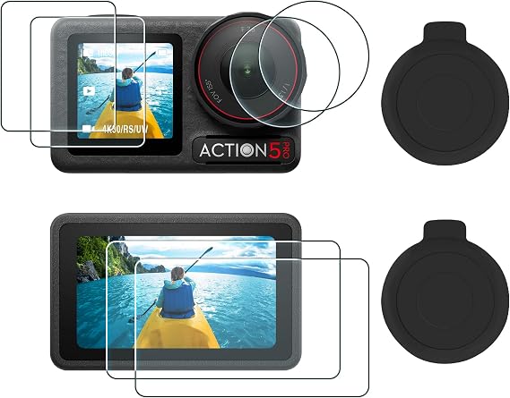 AMAZEAR Lens Screen Protector for DJI Osmo Action 5 Pro (2 Sets), Action5 Pro Accessories Tempered Glass Protector OLED Display, Ultra HD, 9H, Scratch Resistant, Bubble-Free(TGP & Lens Caps)