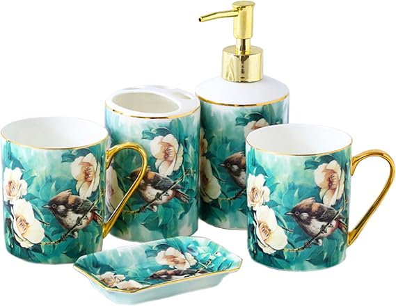 Bird Bathroom Accessory Set Gold Stripe, Soap Dispenser, Toothbrush Holder, Tumbler and Soap Dish,Green,5pcs
