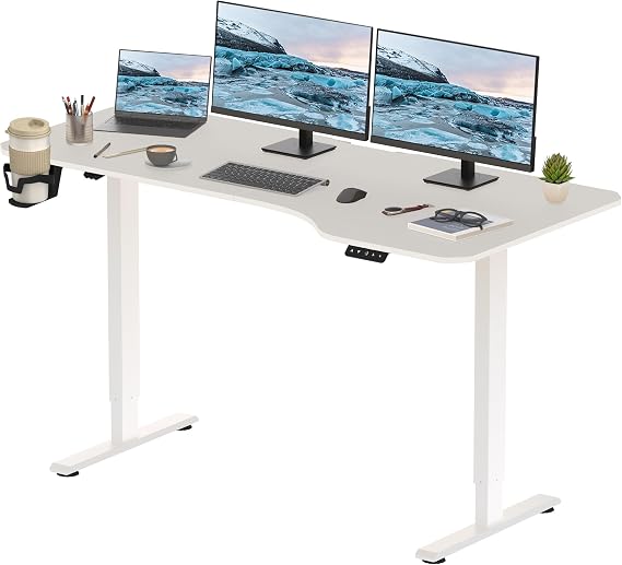 Electric Standing Desk 160x75cm, Height Adjustable Standing Desk Sit Stand Desk Home Office Desk with Memory Intelligent Control Panel/1 Hook/1 Cup Holder (White Frame+ White Desktop)
