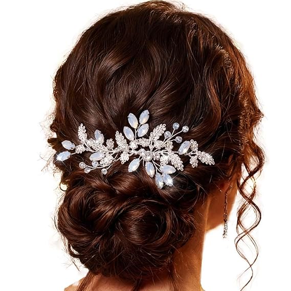 JEAIRTS Rhinestone Hair Comb Silver Wedding Headpiece Leaf Bridal Hair Accessories for Women