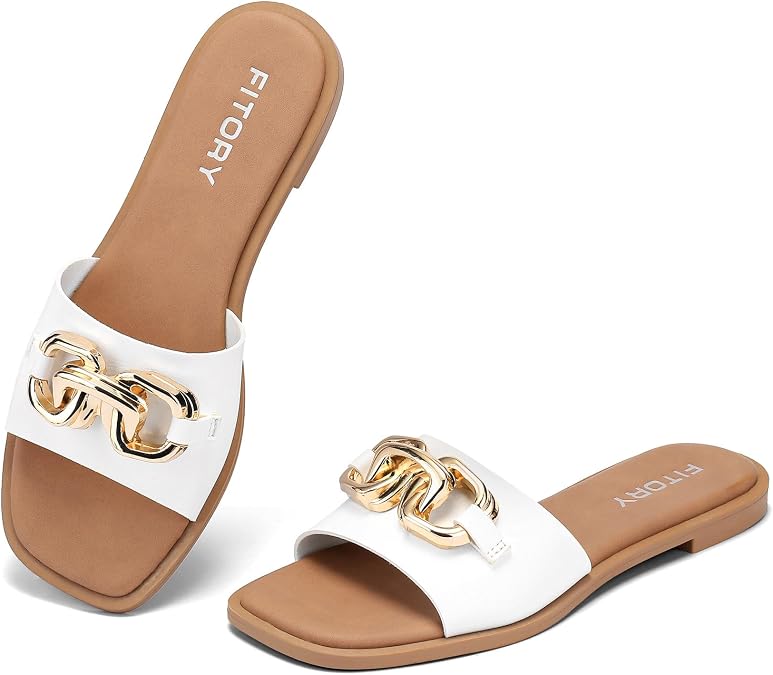 FITORY Womens Sandals Fashion Soft Slides with Gold Buckle for Summer