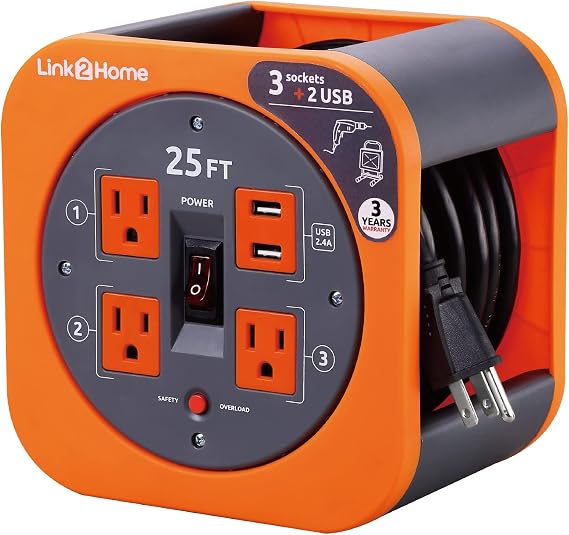 Link2Home 25 Ft. Extension Cord Reel, 4 Outlets, 2 USB Ports