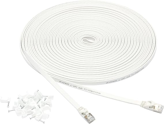 Amazon Basics RJ45 Cat 7 Ethernet Patch Cable, Flat, 600MHz, Snagless, Gold Plated, LAN Network, Includes 20 Nails, 50 Foot, White