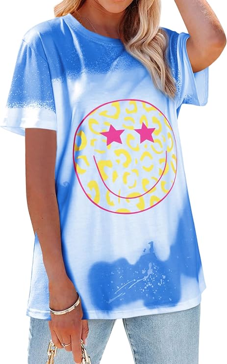Ezcosplay Women Loose T Shirts Cute Happy Smile Graphic Tees Tie Dye Shirt Preppy Tops