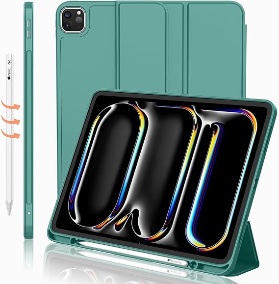 iMieet Case for iPad Pro 11 Inch (M5) 2025 /(M4) 2024 5th Gen, Trifold Stand Smart Cover with Pencil Holder and Soft TPU Back, Auto Wake/Sleep (Forest Green)