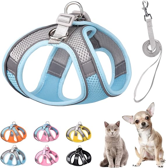 Soft Small Dog Harness and Leash Set Mesh Puppy Harnesses Leash Easy Walk Dog Harness Vest Adjustable Reflective No Pull Dog Harnesses for Small Dogs Cats (Blue Grey,XXS)