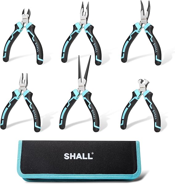 SHALL 6-Piece Mini Pliers Set with Pouch,Includes Wire Cutters, Needle-Nose Pliers, Long-Nose Pliers, Curved-Nose Pliers, Diagonal Pliers, and Electrician's Pliers.