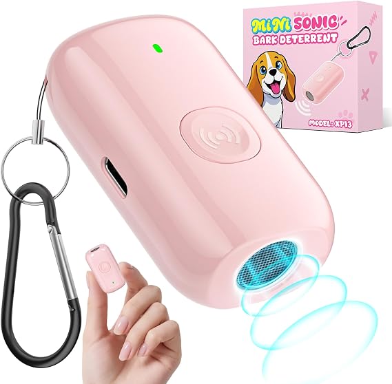 Mini ultrasonic dog bark deterrent device, effectively stops unwanted barking with 50ft,pain free training & behavior aid for indoor/outdoor use,rechargeable portable dog barking stopper (Light Pink)