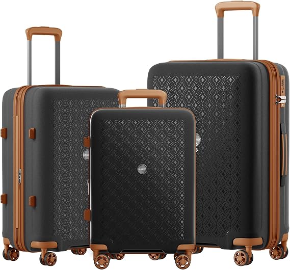 Kono Luggage Sets 3 Piece Expandable Suitcase, Polypropylene Hard Shell Lightweight Hand Luggage, Built-in Cup Holder with 4 Silent Wheels, TSA Lock, 20/24/28 Inch,Black/Brown