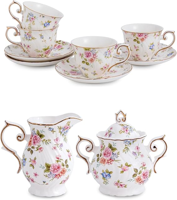 Agyiuns tea cups and saucers ceramic coffee mug 6oz,Sugar and Creamer Set Ceramic