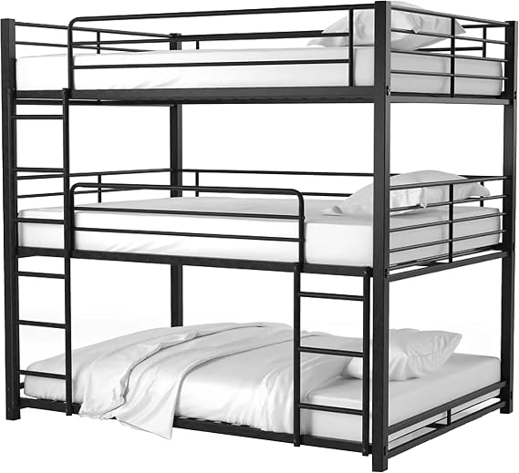 HOMES: INSIDE + OUT Headrick Metal Full Size Triple Decker Metal Bed, Slat Kit Included, Insert & Lock Joint Structure for Safety for Bedroom, Kids Room, No Box Spring Needed, Sand Black