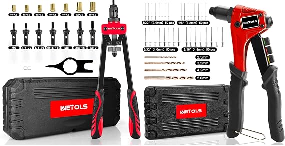 WETOLS Rivet Gun Kit and Rivet Nut Tool, Hand Rivet Gun with 4 Rivet Heads with200 Rivets, Rivet Nut Tool with 7 Mandrels and 70pcs Rivnuts, Riveter Combination Kit